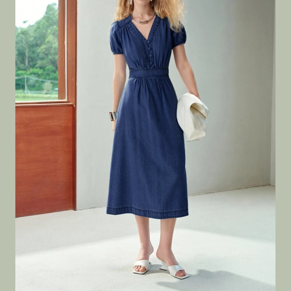 Blue Denim Button Front V Neck Puff Sleeve Midi Dress